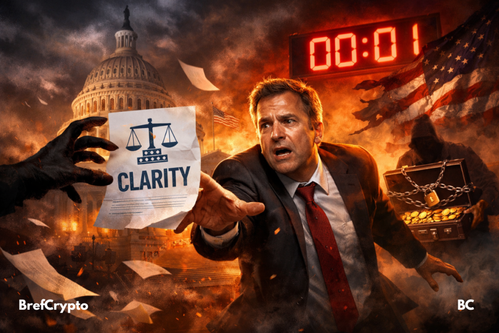 Un homme tend la main vers un document crypto "LOI CLARITY"