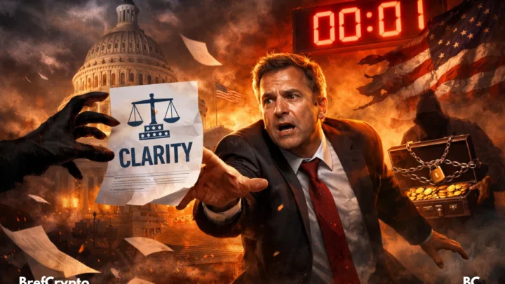 Un homme tend la main vers un document crypto "LOI CLARITY"