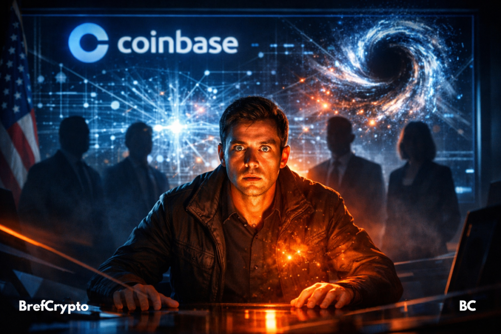 Un analyste Coinbase inquiet face à un vortex quantique sur écran,