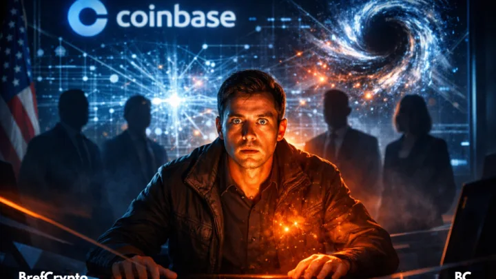 Un analyste Coinbase inquiet face à un vortex quantique sur écran,
