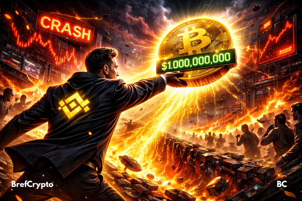 Crash crypto : Binance promet 1 milliard $ d’investissement en Bitcoin Un homme avec le logo Binance projette une pièce Bitcoin