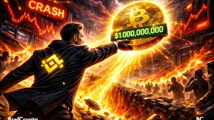 Un homme avec le logo Binance projette une pièce Bitcoin