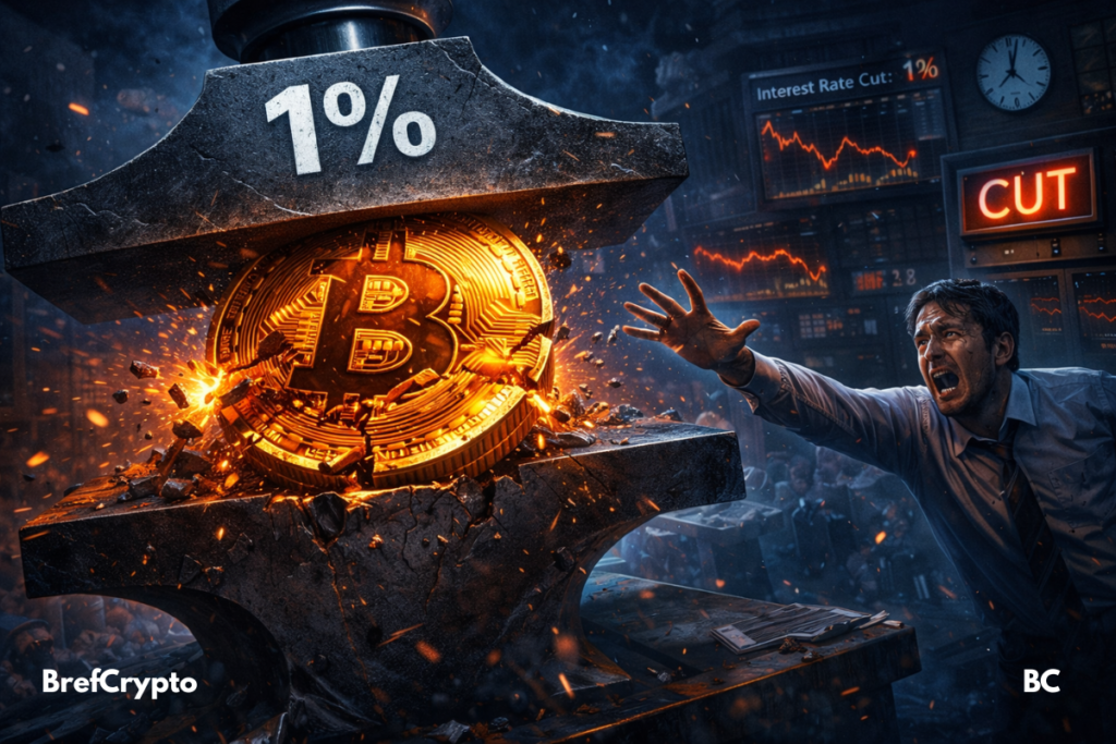 Un Bitcoin géant est broyé sous une enclume marquée "1 %"