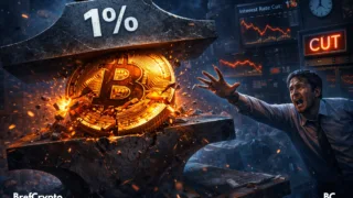 Un Bitcoin géant est broyé sous une enclume marquée "1 %"