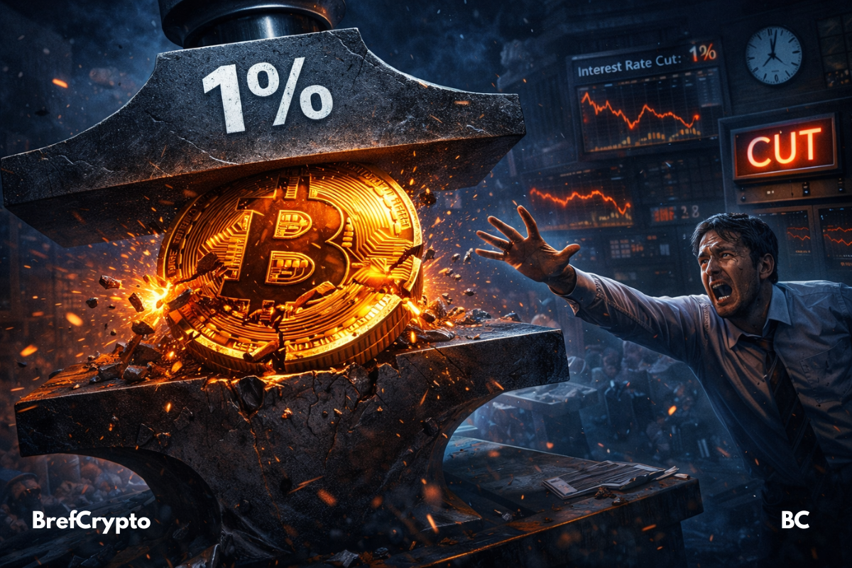 Un Bitcoin géant est broyé sous une enclume marquée "1 %"