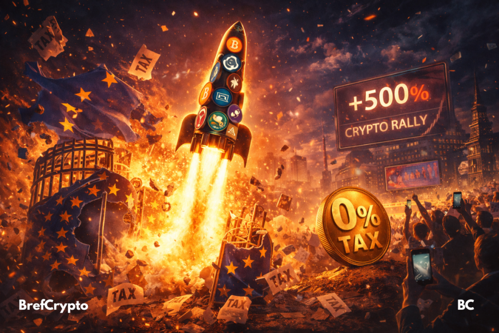 Fin des taxes européennes : Le marché crypto s’envole Une fusée composée de logos crypto décolle