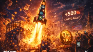 Une fusée composée de logos crypto décolle
