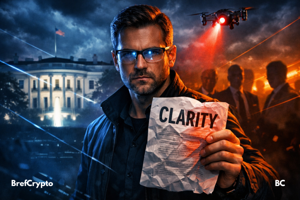 Un homme représentant Coinbase tient un document "CLARITY" sous un drone de surveillance, avec la Maison-Blanche et des silhouettes politiques en arrière-plan, évoquant un conflit crypto-gouvernemental.
