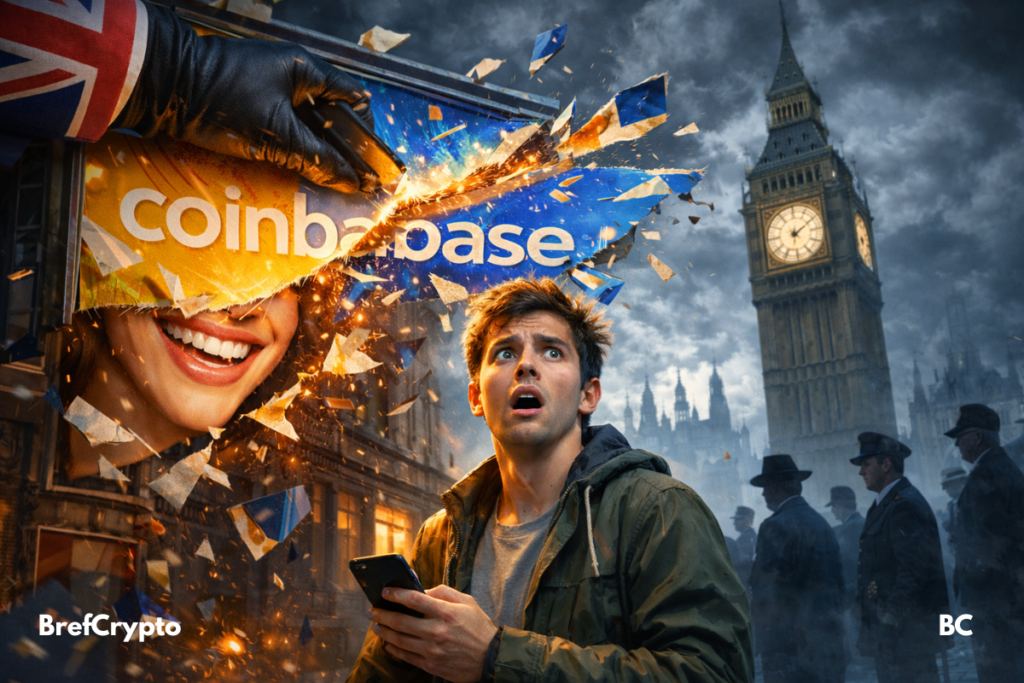 Un jeune homme choqué sous une pub Coinbase déchirée à Londres.