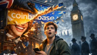 Un jeune homme choqué sous une pub Coinbase déchirée à Londres.