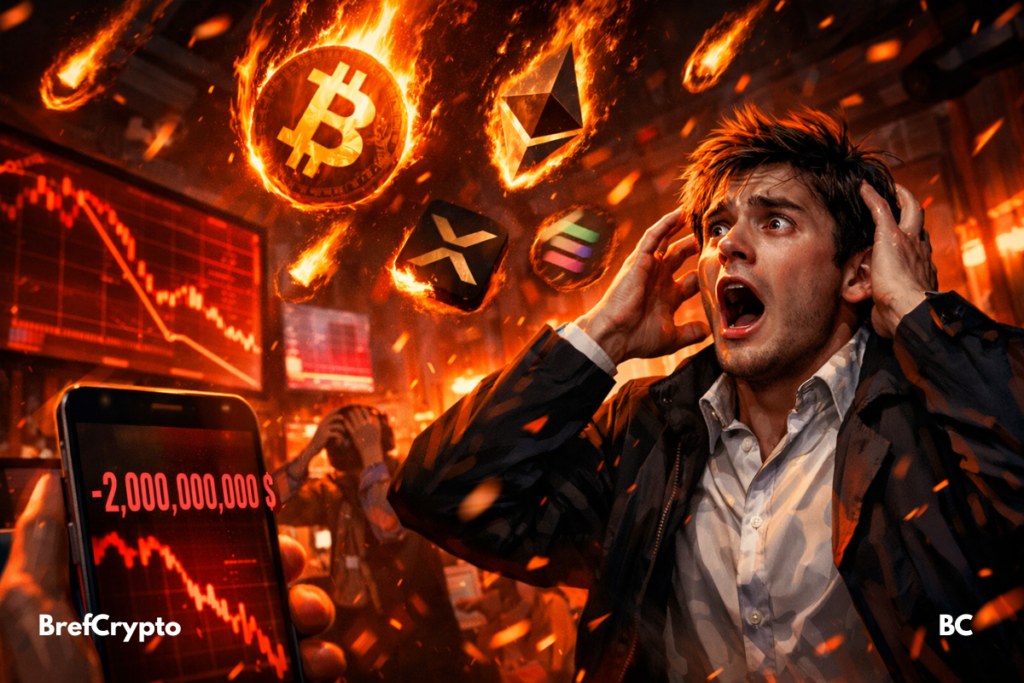 Crash crypto : 2 milliards $ liquidés sur Bitcoin, ETH, XRP, SOL et les altcoins Trader paniqué sous une pluie de logos crypto en feu