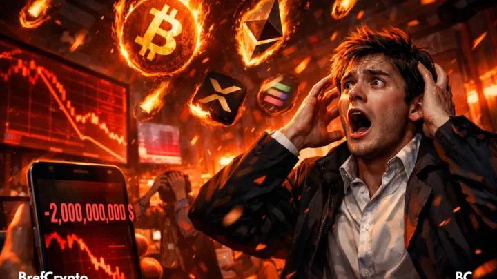 Trader paniqué sous une pluie de logos crypto en feu