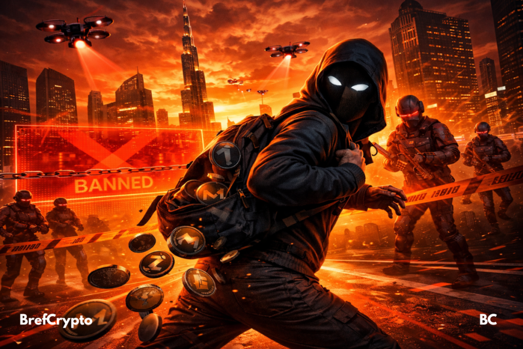 Un homme et des pièces de crypto-monnaies privées tombent du sac