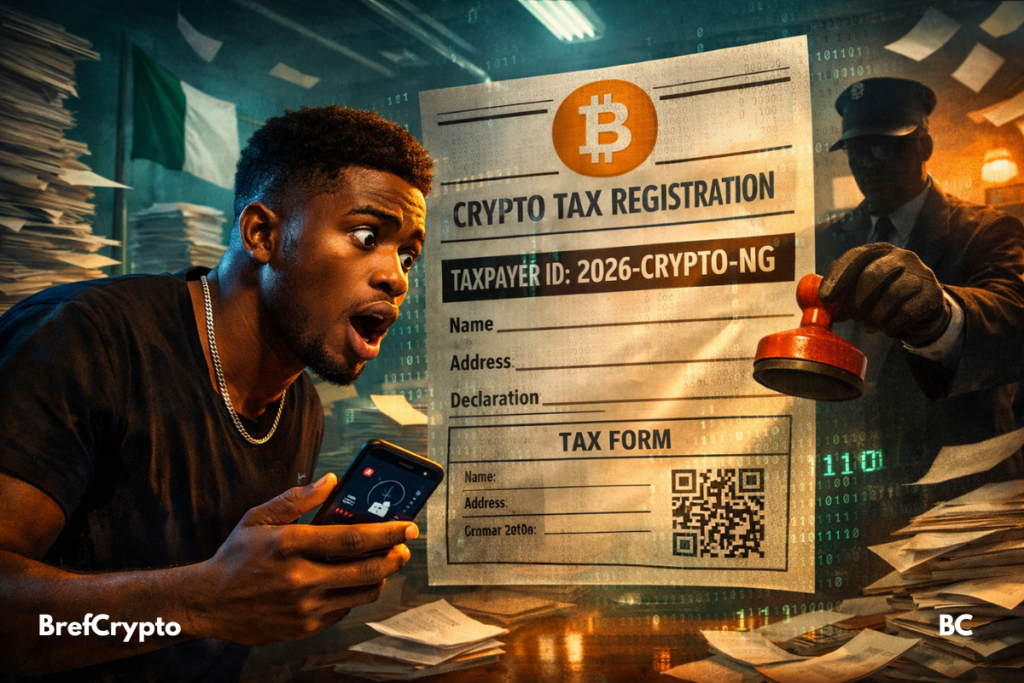 Homme surpris devant un formulaire fiscal crypto au Nigeria,