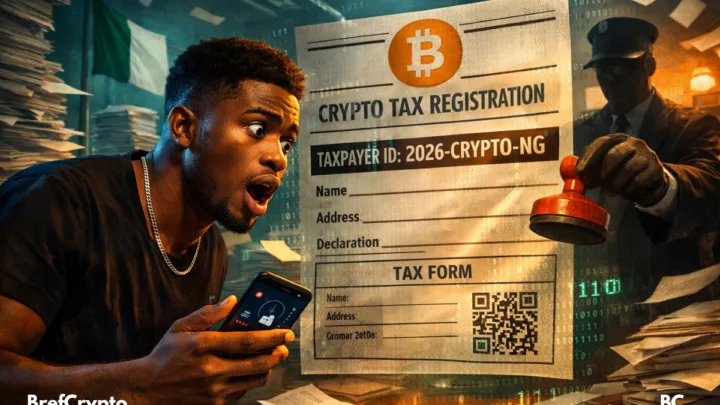 Homme surpris devant un formulaire fiscal crypto au Nigeria,