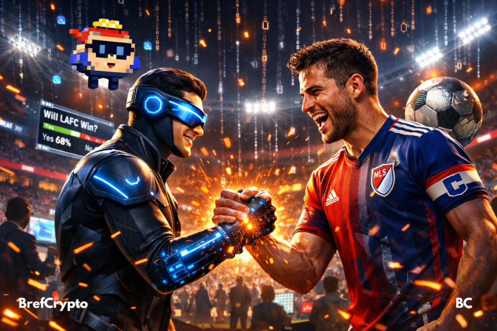 Un joueur de la MLS serre la main d’un avatar crypto futuriste dans un stade rempli et numérique.