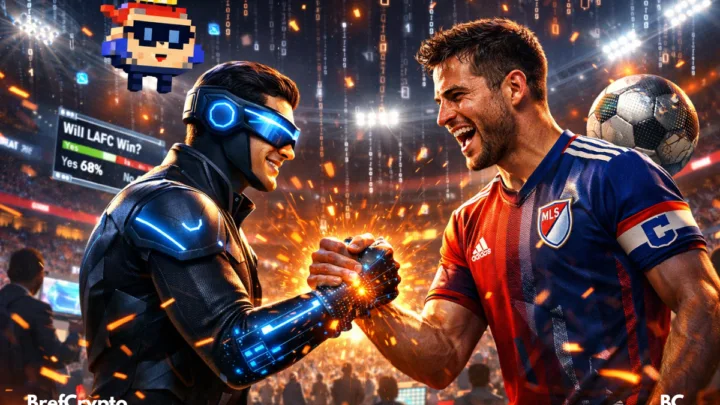 Un joueur de la MLS serre la main d’un avatar crypto futuriste dans un stade rempli et numérique.