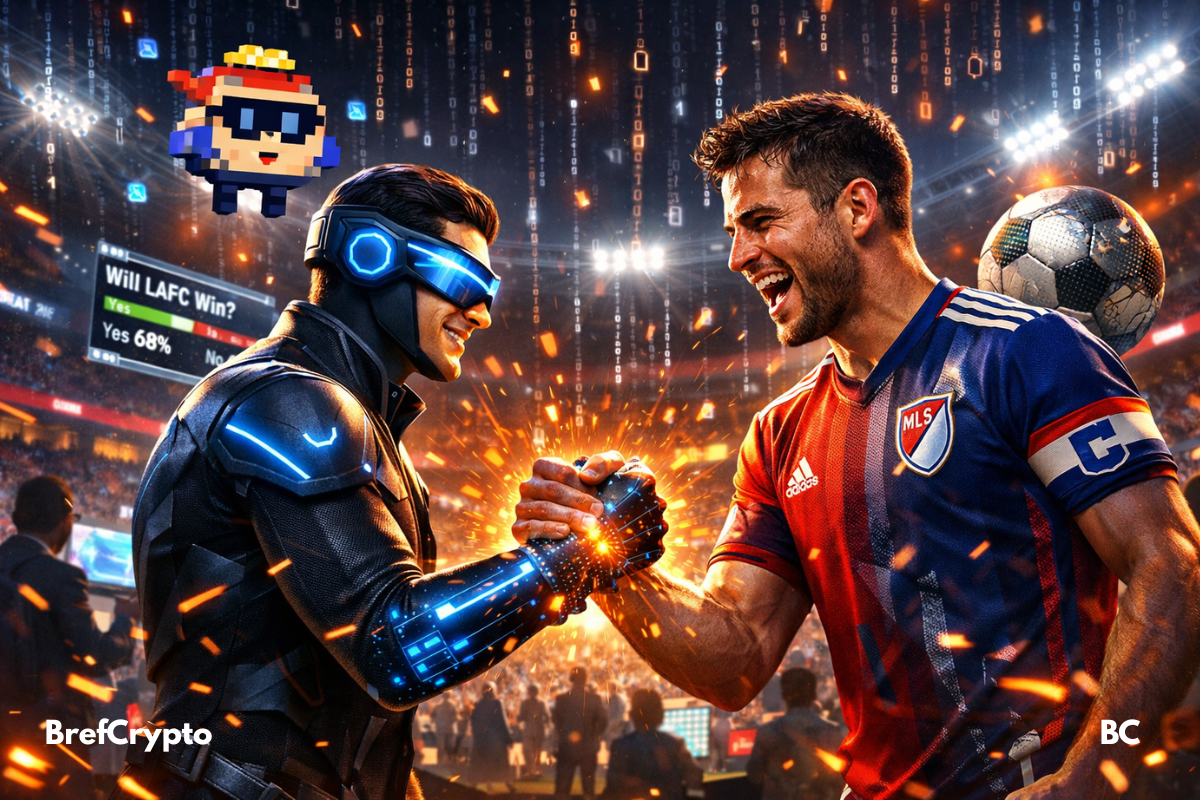Un joueur de la MLS serre la main d’un avatar crypto futuriste dans un stade rempli et numérique.