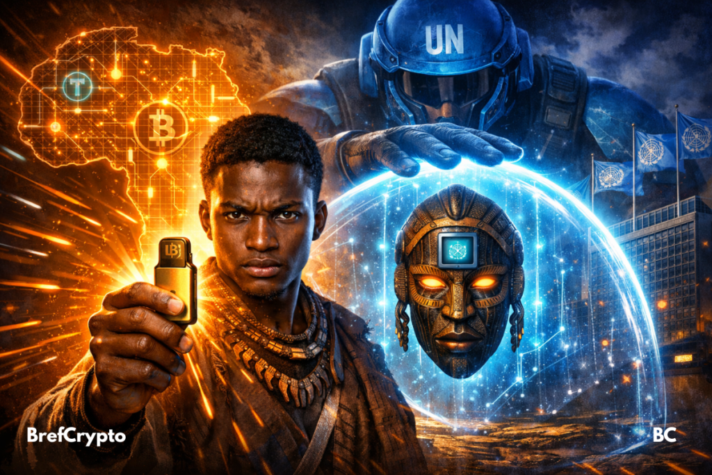 Un homme africain tient une clé crypto dorée