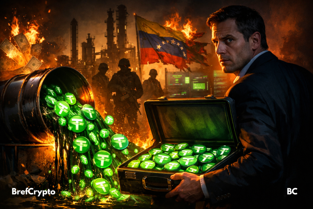 Un homme en costume tient une valise pleine de jetons Tether