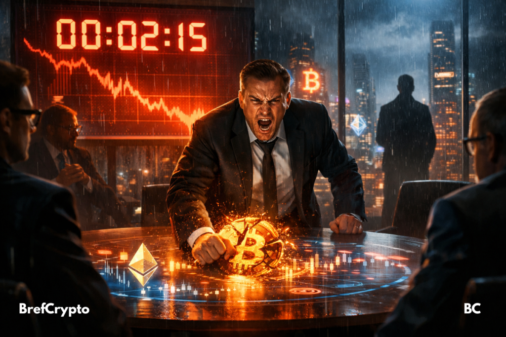 Un homme en colère tape sur une table holographique affichant des symboles crypto