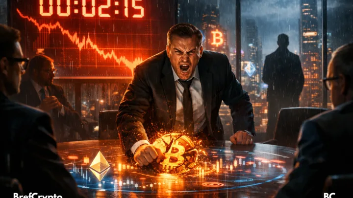Un homme en colère tape sur une table holographique affichant des symboles crypto