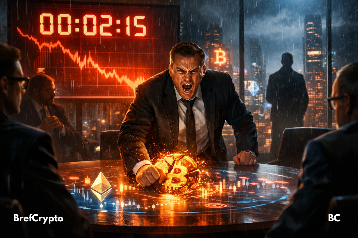Un homme en colère tape sur une table holographique affichant des symboles crypto