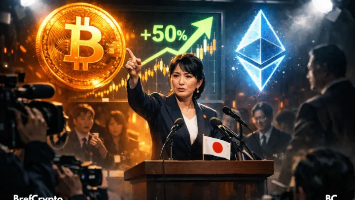 Une ministre japonaise des Finances lève la main lors d'une conférence de presse, entourée d'hologrammes lumineux représentant Bitcoin et Ethereum, avec en arrière-plan un graphique boursier indiquant une hausse de +50 %.