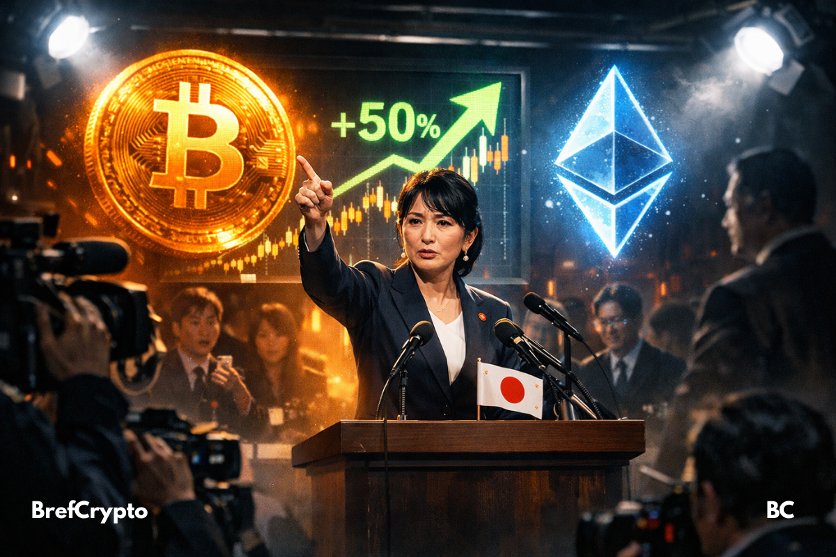 Une ministre japonaise des Finances lève la main lors d'une conférence de presse, entourée d'hologrammes lumineux représentant Bitcoin et Ethereum, avec en arrière-plan un graphique boursier indiquant une hausse de +50 %.