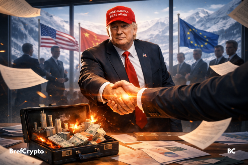 Donald Trump serre la main d’un négociateur dans un décor hivernal à Davos, entouré de drapeaux internationaux et de documents volants, devant une valise remplie de billets en feu.