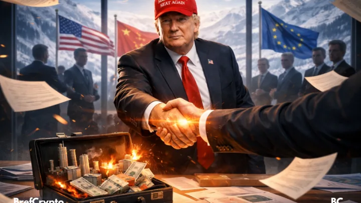 Donald Trump serre la main d’un négociateur dans un décor hivernal à Davos, entouré de drapeaux internationaux et de documents volants, devant une valise remplie de billets en feu.