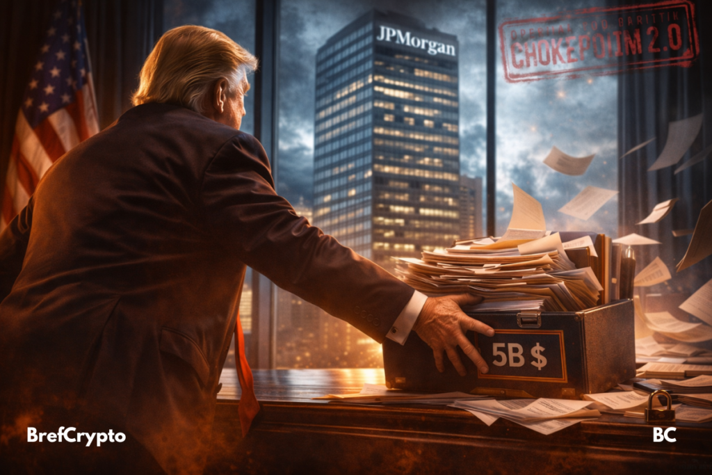 Trump attaque JPMorgan : 5 milliards réclamés Trump frappe fort avec un procès de 5 milliards contre JPMorgan.