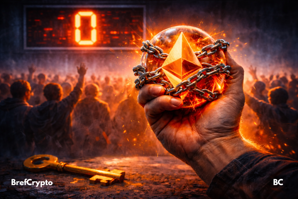 Main tenant un jeton Ethereum enchaîné devant un compteur affichant "0" et une foule floue en arrière-plan.