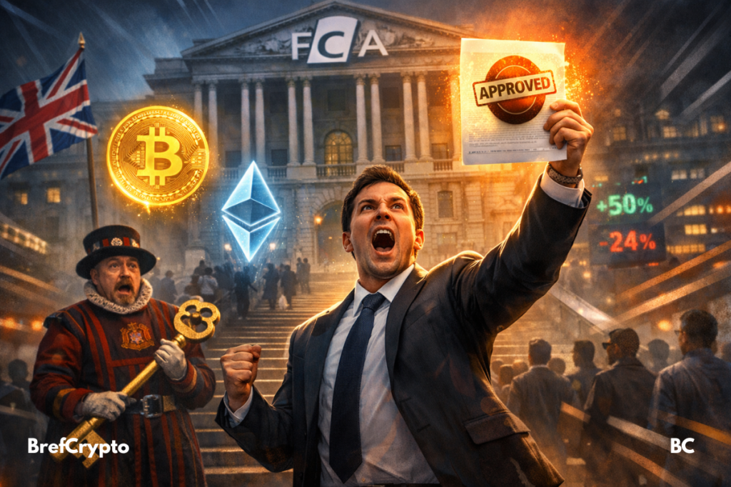 Homme en costume brandissant un document "approved", devant la FCA, entouré de symboles crypto et éléments britanniques.