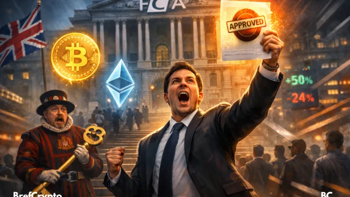 Homme en costume brandissant un document "approved", devant la FCA, entouré de symboles crypto et éléments britanniques.