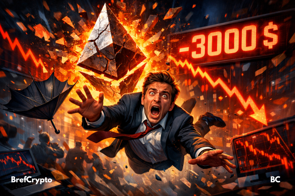 Ethereum lâche 3 000 $ : la chute commence Un trader tombe en hurlant, entouré de débris, d’un logo Ethereum éclaté et de graphiques en chute libre.