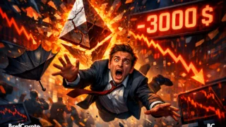 Un trader tombe en hurlant, entouré de débris, d’un logo Ethereum éclaté et de graphiques en chute libre.