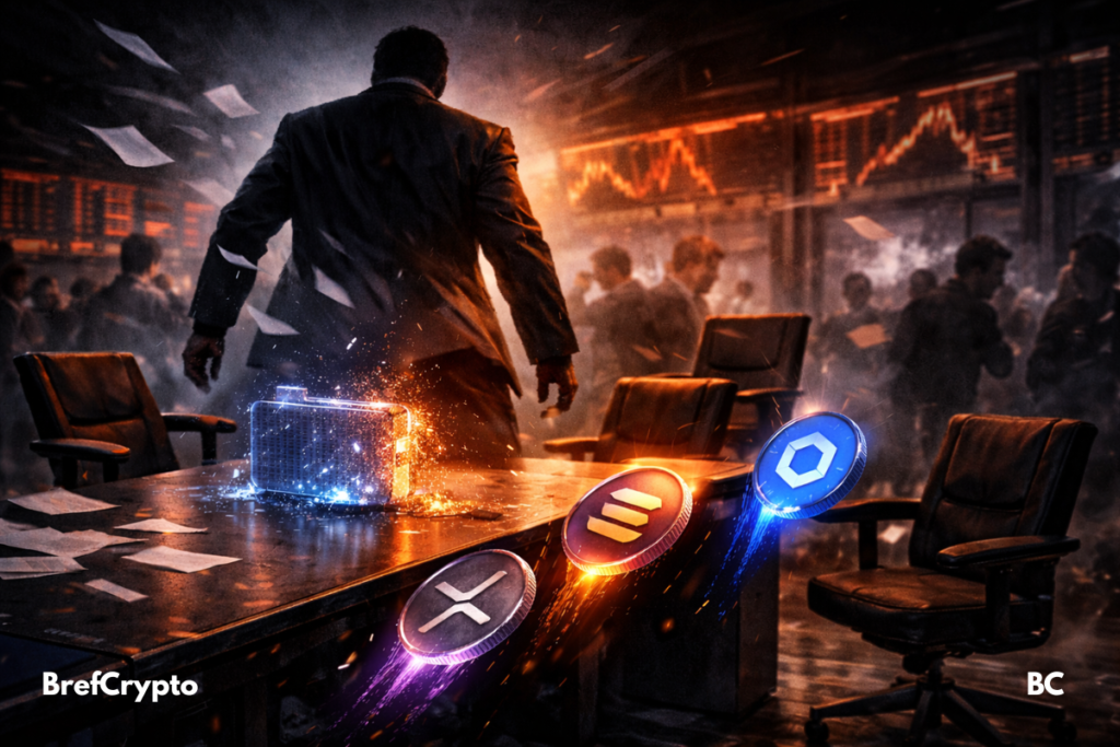 Un homme en costume quitte une salle de trading, laissant tomber des jetons XRP, Solana et Chainlink d'une table.