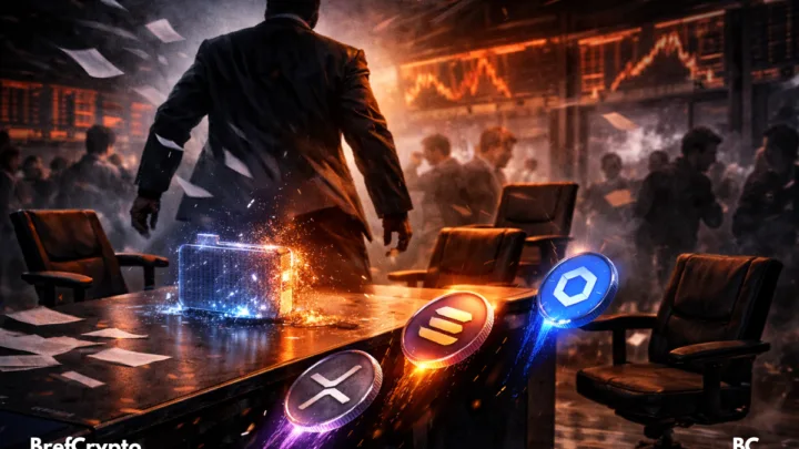 Un homme en costume quitte une salle de trading, laissant tomber des jetons XRP, Solana et Chainlink d'une table.
