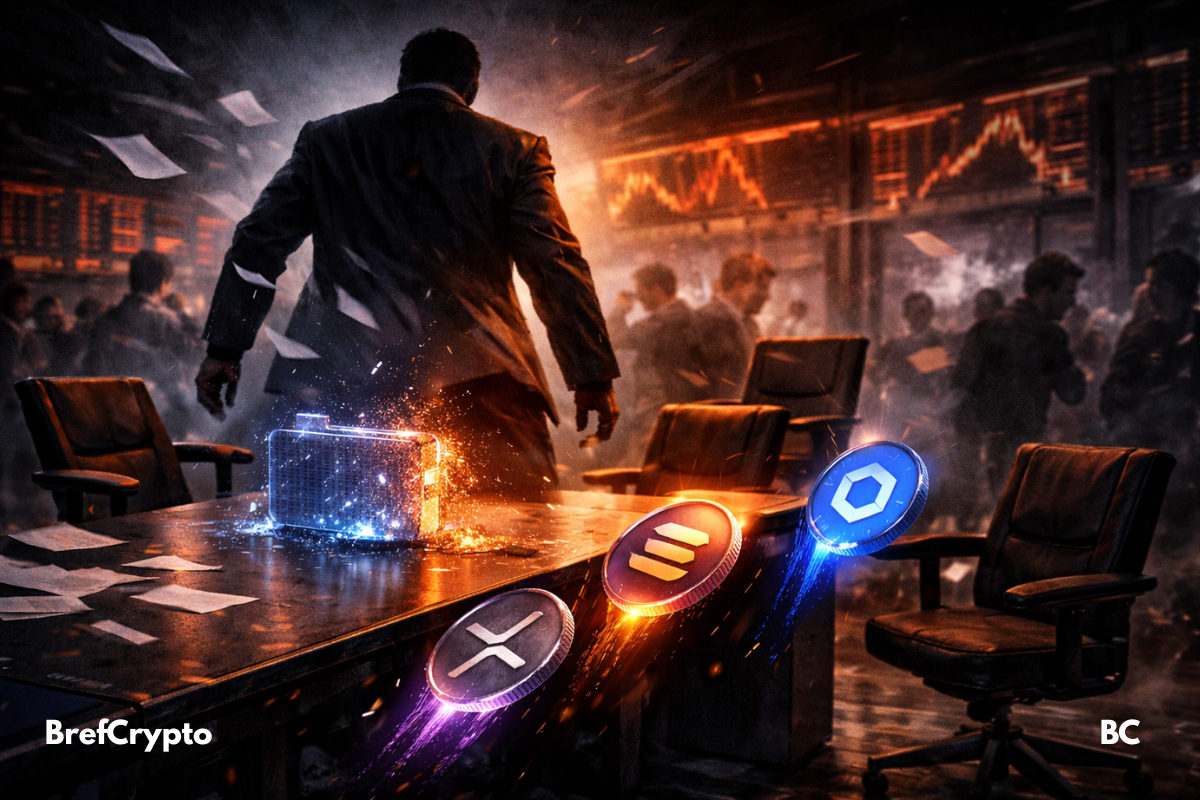 Un homme en costume quitte une salle de trading, laissant tomber des jetons XRP, Solana et Chainlink d'une table.