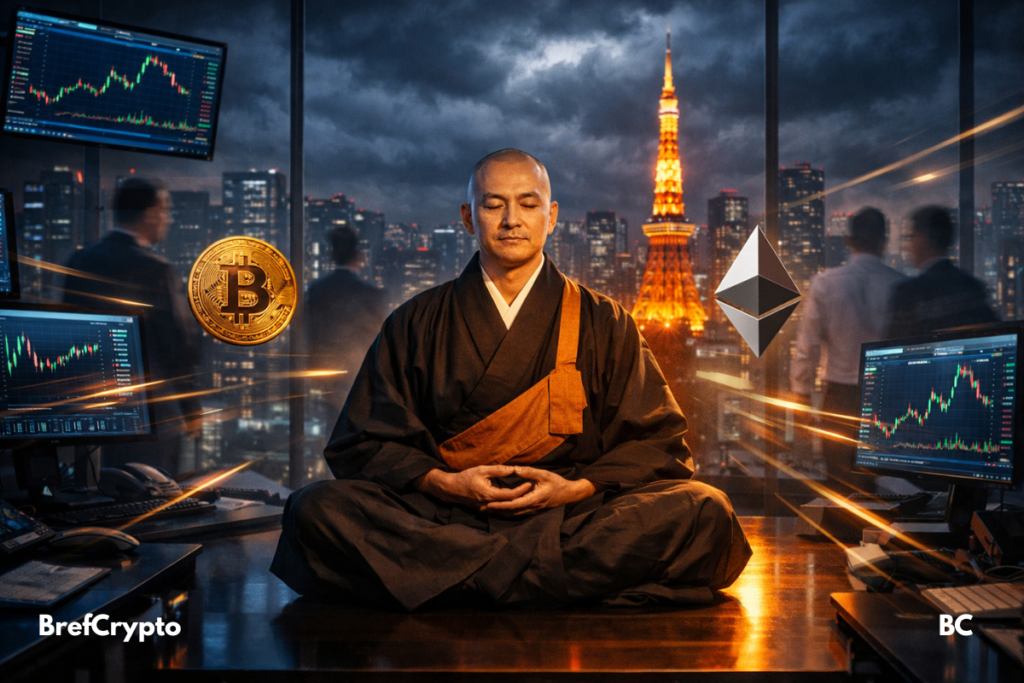 Moine japonais méditant dans une salle de trading crypto