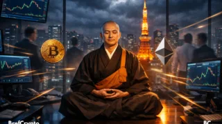 Moine japonais méditant dans une salle de trading crypto