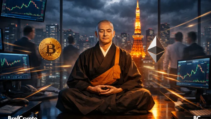 Moine japonais méditant dans une salle de trading crypto