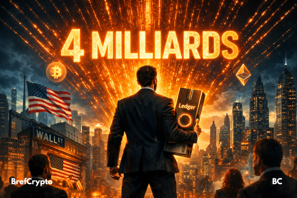 Crypto : Ledger prépare une entrée en bourse aux USA à 4 milliards de dollars Homme en costume tenant un Ledger devant “4 MILLIARDS”