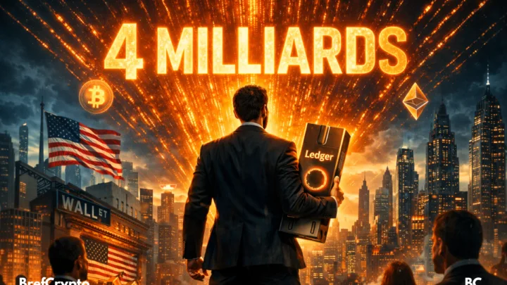 Homme en costume tenant un Ledger devant “4 MILLIARDS”