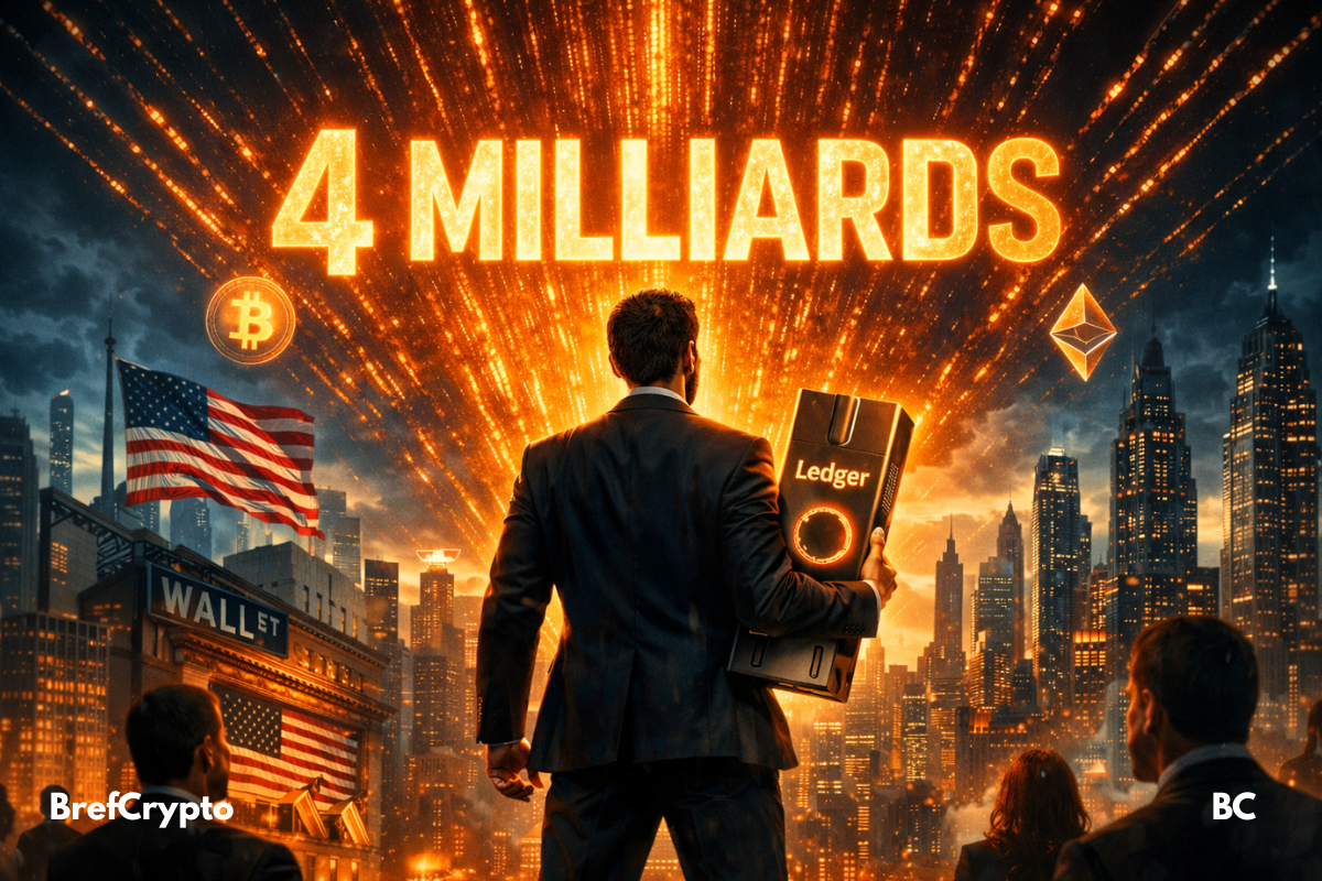 Homme en costume tenant un Ledger devant “4 MILLIARDS”