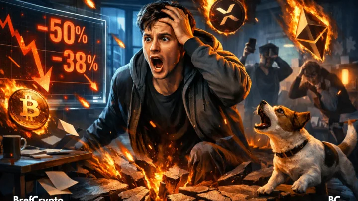 Jeune trader paniqué, crypto en flamme chutant.