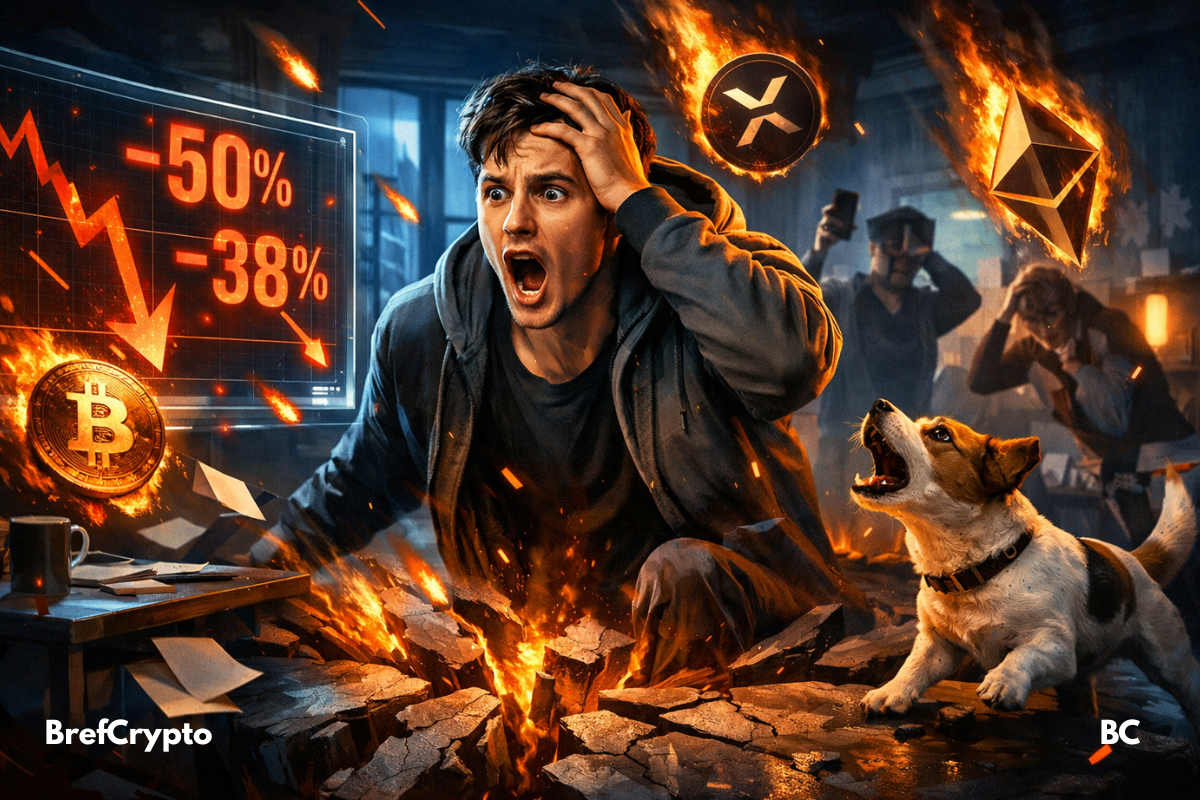 Jeune trader paniqué, crypto en flamme chutant.