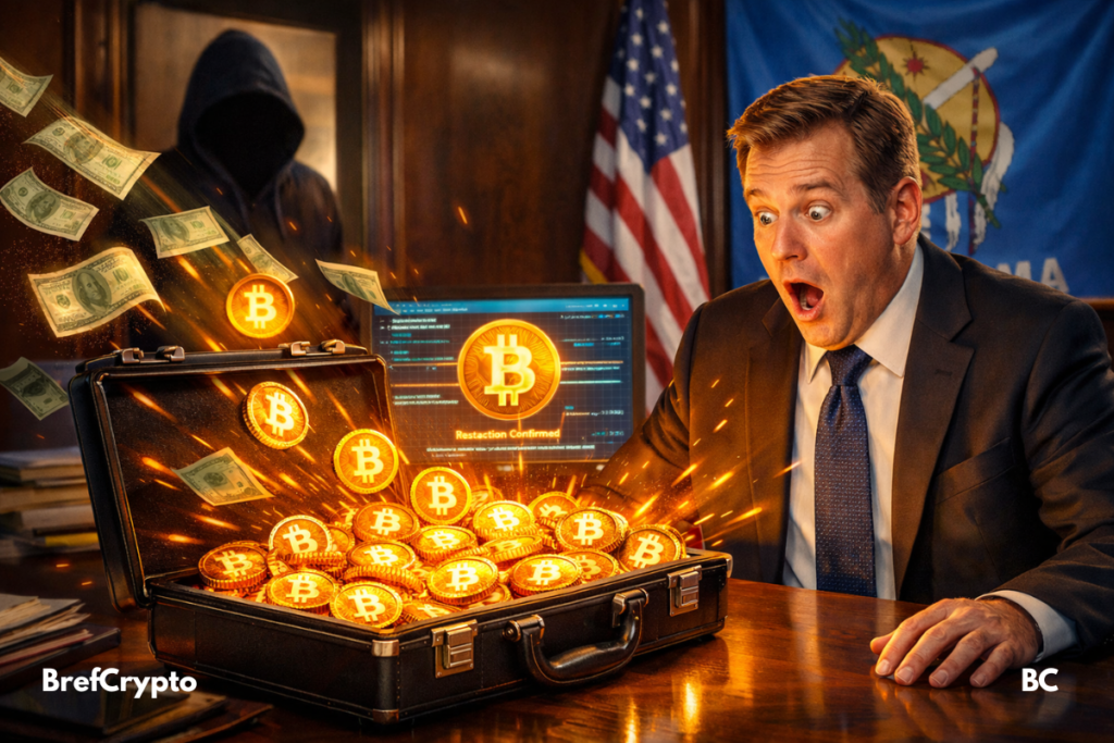 Un fonctionnaire stupéfait découvre une mallette remplie de Bitcoins dans un bureau officiel sous tension numérique.