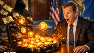 Un fonctionnaire stupéfait découvre une mallette remplie de Bitcoins dans un bureau officiel sous tension numérique.